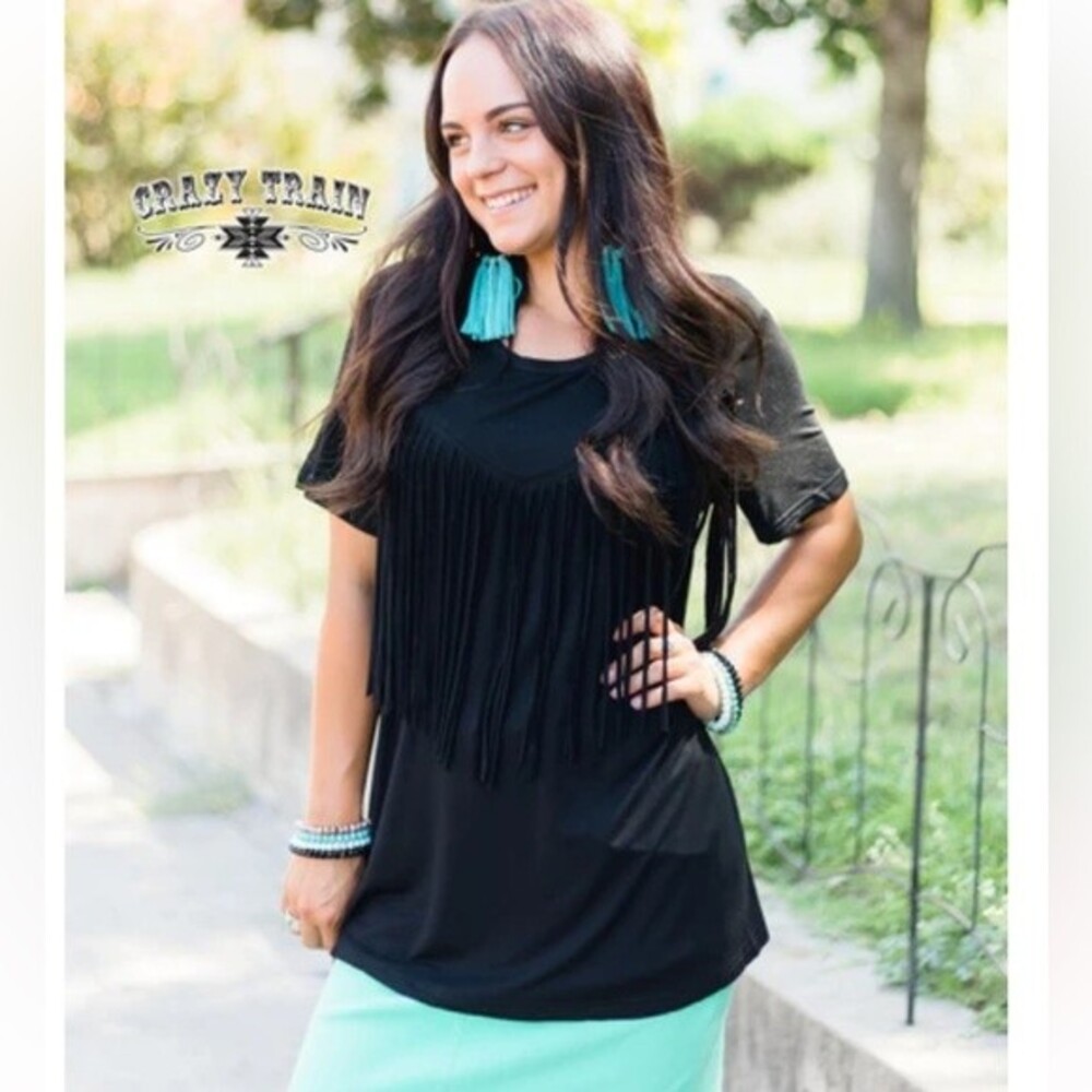 Crazy Train Short Sleeve Top with Fringes in Women’s Size Large Western/Boho